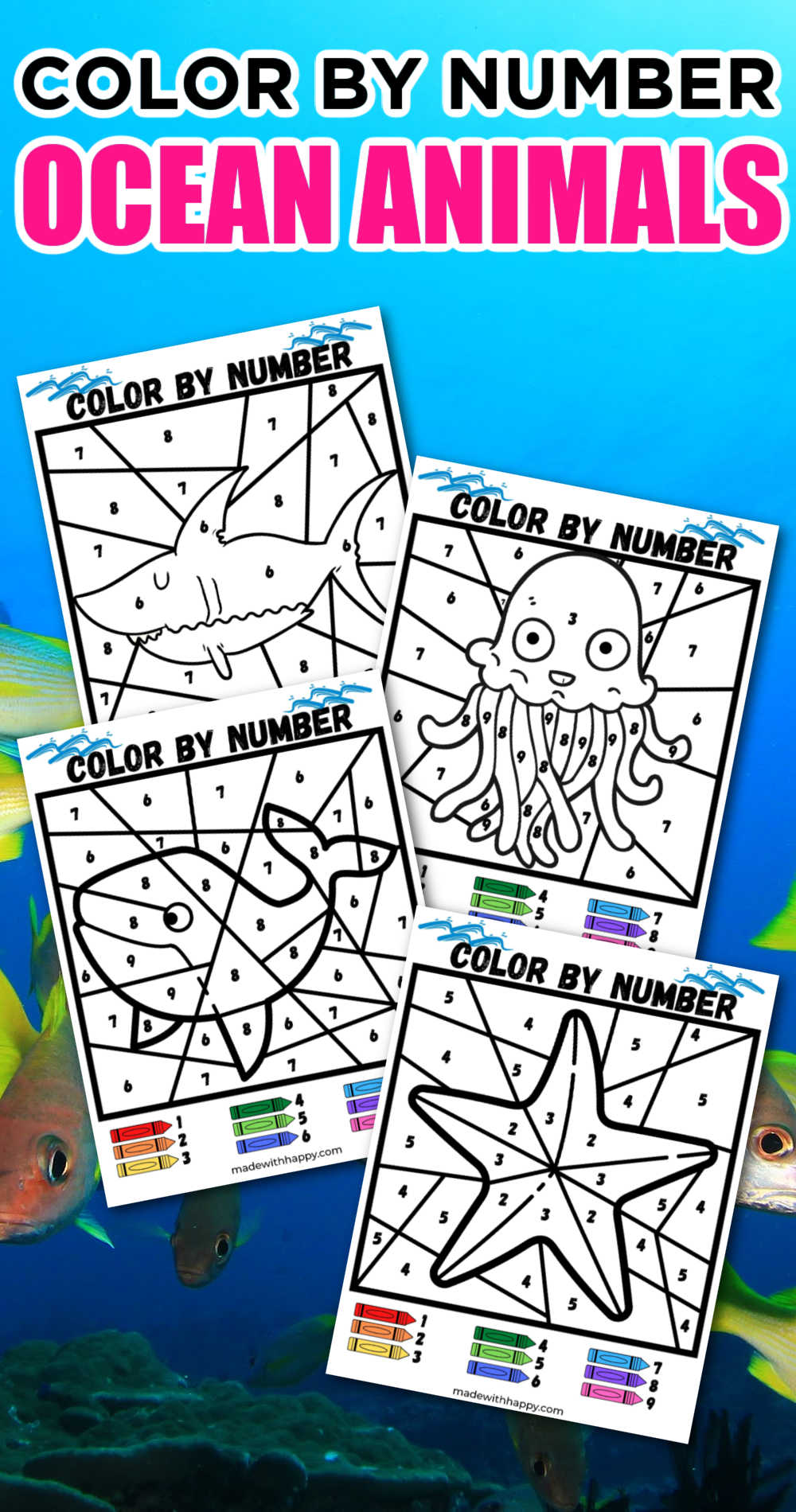 Color By Number Ocean Animals - 4 Free Printables - Made with HAPPY