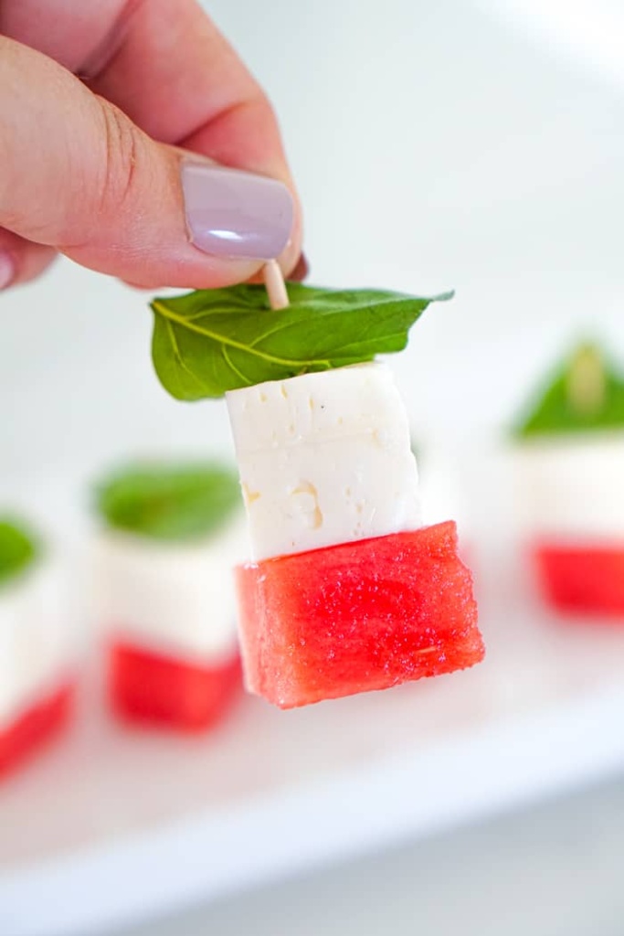 Watermelon Feta Basil Salad On a Stick - Summer Appetizer