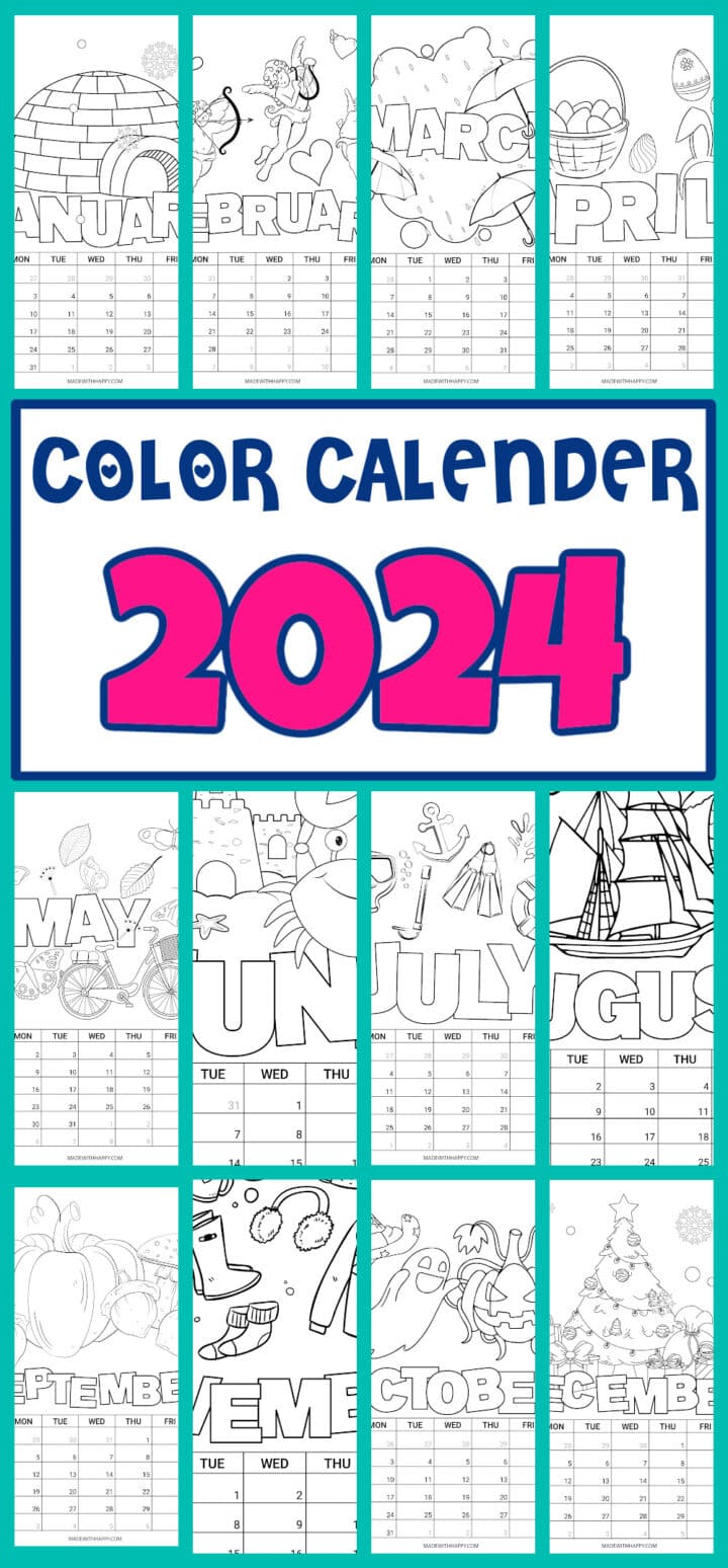 2024 Printable Coloring Calendar For Kids - Made with HAPPY