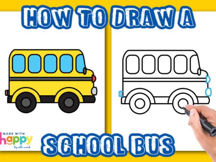 Hand drawn illustration vector graphic Kids drawing style funny cute yellow  school bus with happy children in a cartoon style 25434760 Vector Art at  Vecteezy