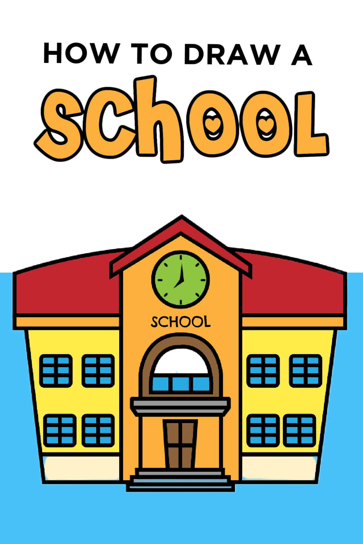 Back to school. Children's drawing with colored pencils on white paper.  Drawing on wooden table. School building, sun, trees, grass, clouds. Bright  cute cartoon drawing of child 8320450 Vector Art at Vecteezy